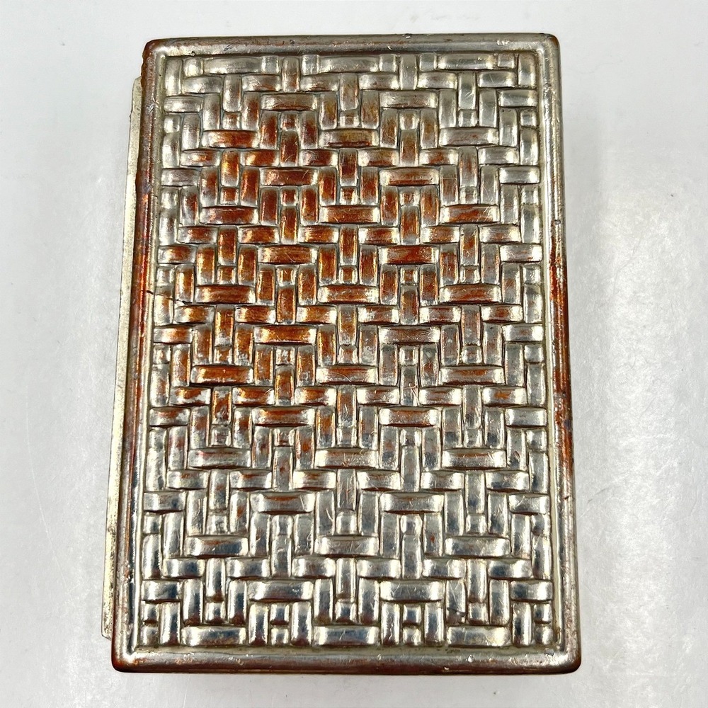 Vintage Basketweave Silver‎ Tone Trinket Jewelry Box Retro Textured Metal Case